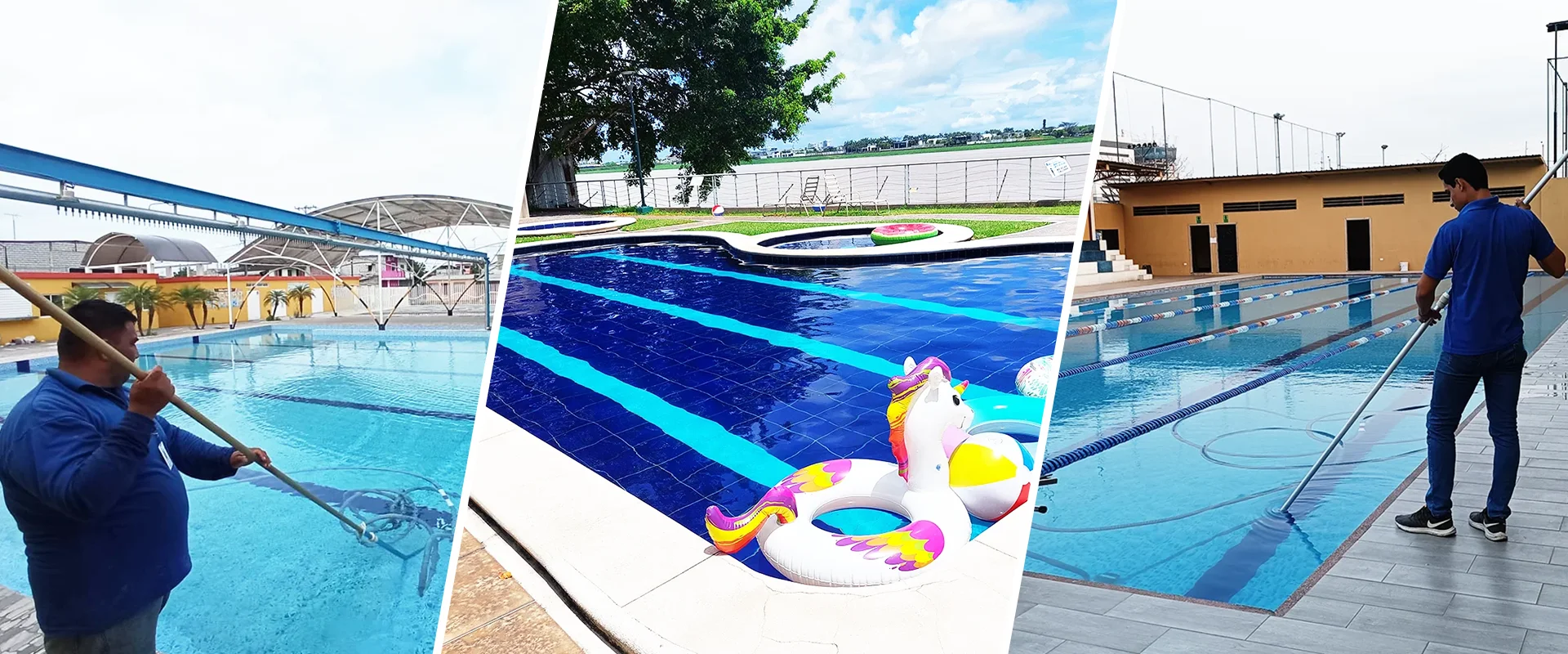 Piscina residencial con toboganes y juegos de agua mantenida por SolutionPlus